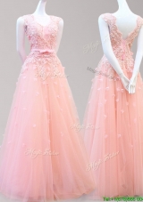 Luxurious Bateau Watermelon Red Prom Dress with Bowknot and Appliques