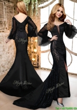 Mermaid Deep V Neckline Long Sleeves Black Prom Dress in Satin and Lace