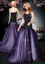 Popular Strapless Purple and Black Prom Dress with Brush Train