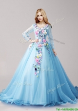 Wonderful V Neck Long Sleeves Hand Made Flowers Quinceanera Dresses with Brush Train