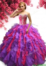 Latest Beaded and Ruffled Quinceanera Dress in Purple and Hot Pink