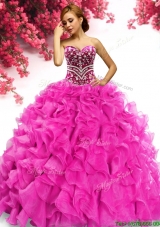 Latest Hot Pink Organza Quinceanera Dress with Beading and Ruffles
