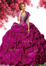 New Style Fuchsia Taffeta Quinceanera Dress with Appliques and Pick Ups