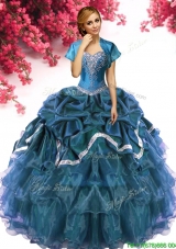Romantic Big Puffy Teal Quinceanera Dress with Beading and Ruffled Layers