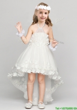 Exclusive High Low Halter Top Flower Girl Dress with Appliques and Bowknot