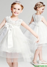 Popular Applique and Bowknot Short Flower Girl Dress in Knee Length