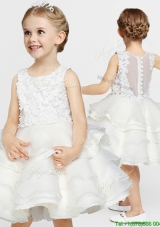 Discount Button Up Flower Girl Dress with Appliques and Ruffled Layers