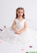 Handcrafted Flowers Decorated Scoop Flower Girl Dress with Cap Sleeves