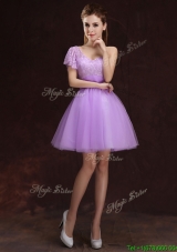 2017 Sweet Tulle Lilac One Shoulder Dama Dress with Short Sleeve