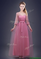 Perfect See Through V Neck Red Prom Dress with Half Sleeves