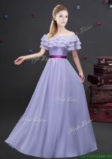 Pretty Ruffled Layers and Belted Lavender Prom Dress with Short Sleeves