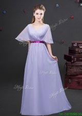 Exclusive Belted and Ruched Lavender Dama Dress with Half Sleeves