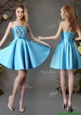Hot Sale Strapless Appliques and Bowknot Short Bridesmaid Dress in Baby Blue