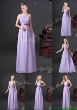 Simple Chiffon Lavender Long Bridesmaid Dress with Lace and Belt