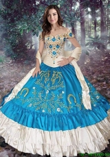 Lovely Really Puffy Off The Shoulder Quinceanera Gown in White and Teal