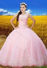 Unique See Through Scoop Laced Baby Pink Quinceanera Dress with Embroidery and Beading