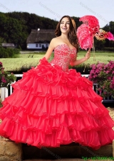 Cowgirl Elegant Beaded and Ruffled Layers Sweetheart Coral Red Quinceanera Dress in Organza