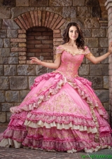 Exclusive Beaded and Ruffled Layers Off The Shoulder Taffeta Rose Pink Quinceanera Dress