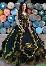 Wild West Cheap Embroideried and Ruffled Black Quinceanera Gown in Organza and Taffeta