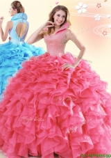 Fashionable High Neck Ruffled and Beaded Quinceanera Dress in Coral Red