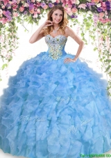 Romantic Beaded and Ruffled Baby Blue Quinceanera Dress in Organza
