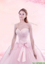 Classical Bowknot and Ruched Baby Pink Quinceanera Gown with Brush Train