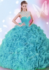 Elegant High Neck Aqua Blue Quinceanera Dress with Beading and Ruffles