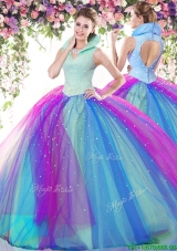 Elegant High Neck Rainbow Tulle Quinceanera Dress with Beading