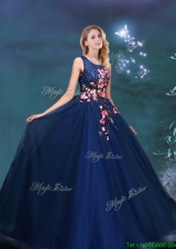 Fashionable Scoop Applique Decorated Bodice Navy Blue Quinceanera Gown