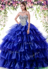 Modest Big Puffy Royal Blue Quinceanera Dress with Ruffled Layers and Beading