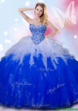 Unique Beaded and Ruffled Tulle Quinceanera Dress in White and Royal Blue