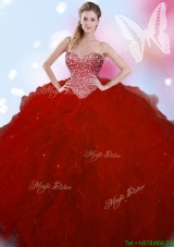Wonderful Beaded and Ruffled Wine Red Quinceanera Dress in Tulle