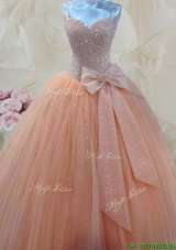 Cheap Spaghetti Straps Beaded and Bowknot Quinceanera Gown in Peach