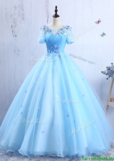 Latest Short Sleeves Scoop Quinceanera Gown with Appliques and Ruching