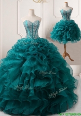 Pretty Puffy Skirt Teal Detachable Quinceanera Gown with Beading and Ruffles