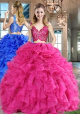 Simple Two Piece Ruffled and Laced Hot Pink Quinceanera Dress in Organza