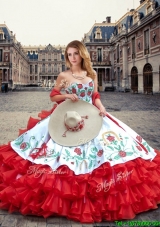 Luxurious White and Red Quinceanera Dresses with Ruffled Layers and Embroidery