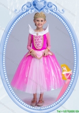 Halloween Elegant Tea Length Hot Pink Little Girl Pageant Dress with Long Sleeves