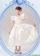 Puffy Scoop Halloween Tea-length Short Sleeves Little Girl Pageant Dress in White