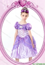 Puffy V-neck Beaded Lavender Halloween Little Girl Pageant Dress with Short Sleeves