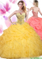 Elegant Beaded and Ruffled Really Puffy Sweet 16 Dress in Gold