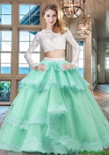Best Two Piece Laced and Ruffled Layers Quinceanera Dress in Apple Green