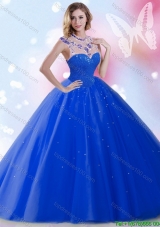Lovely Beaded Bodice Scoop Royal Blue Quinceanera Dress with Open Back