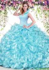 Modest Ruffled and Beaded Big Puffy Quinceanera Dress in Baby Blue