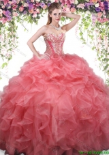 Beautiful Ruffled and Beaded Sweet 16 Dress in Coral Red