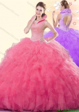 Gorgeous High Neck Coral Red Quinceanera Dress with Ruffles and Beading