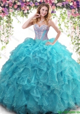 Sweet Beaded and Ruffled Turquoise Quinceanera Dress in Organza