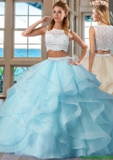 Beautiful Ball Gown Brush Train Side Zipper Light Blue Quinceanera Dresses with Bateau