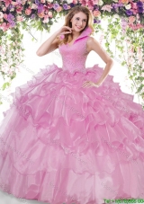 Beautiful Rose Pink High Neck Quinceanera Dress with Ruffled Layers and Beading