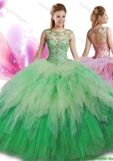 See Through Scoop Big Puffy Quinceanera Gown with Beading and Ruffles